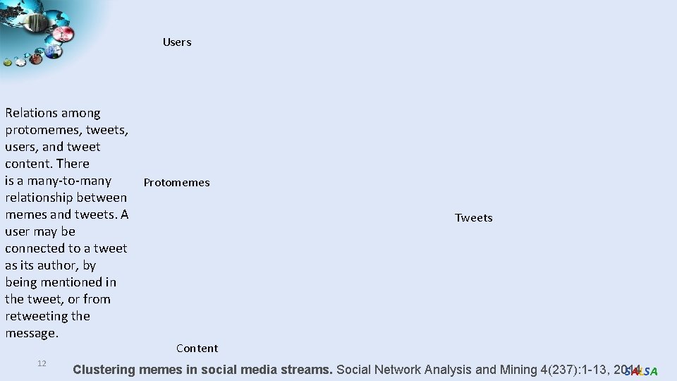 Users Relations among protomemes, tweets, users, and tweet content. There is a many-to-many Protomemes