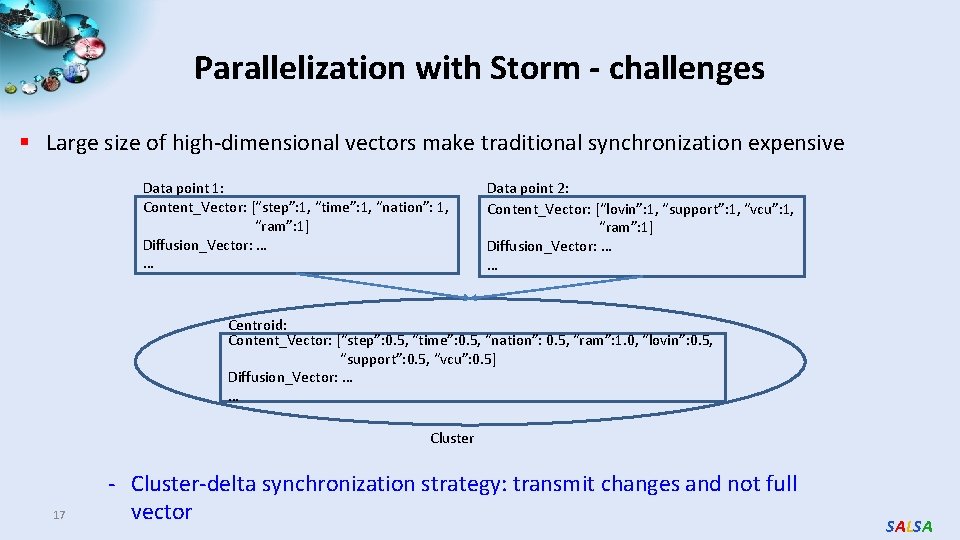 Parallelization with Storm - challenges § Large size of high-dimensional vectors make traditional synchronization