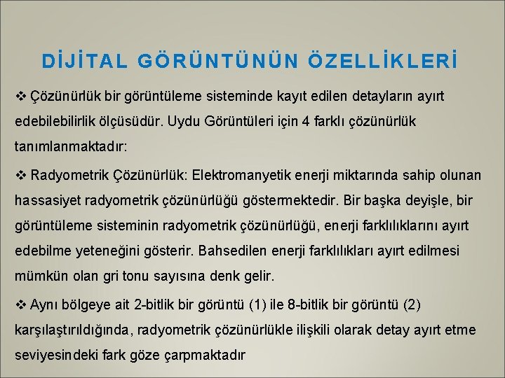 DİJİTAL GÖRÜNTÜNÜN ÖZELLİKLERİ v Çözünürlük bir görüntüleme sisteminde kayıt edilen detayların ayırt edebilirlik ölçüsüdür.