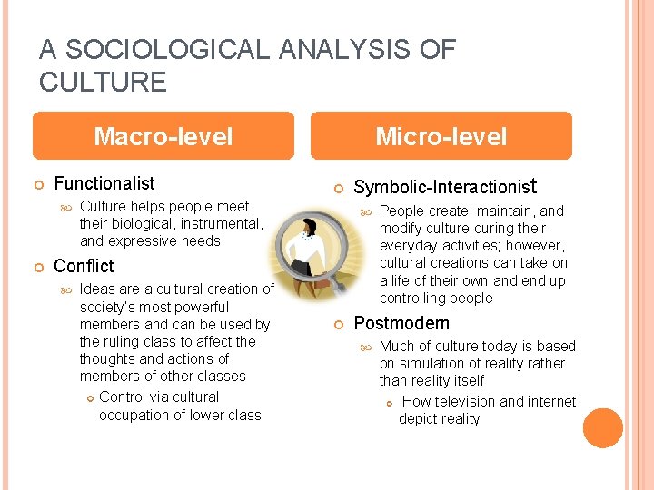 A SOCIOLOGICAL ANALYSIS OF CULTURE Macro-level Functionalist Micro-level Culture helps people meet their biological,
