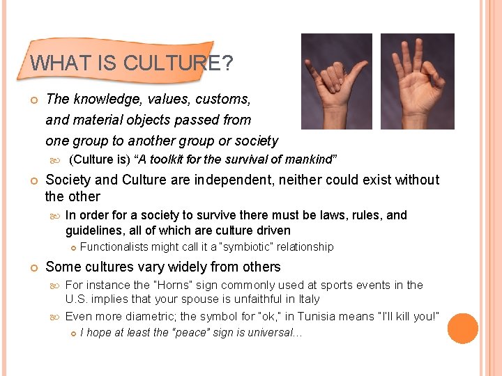 WHAT IS CULTURE? The knowledge, values, customs, and material objects passed from one group