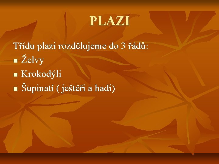 PLAZI Třídu plazi rozdělujeme do 3 řádů: Želvy Krokodýli Šupinatí ( ještěři a hadi)