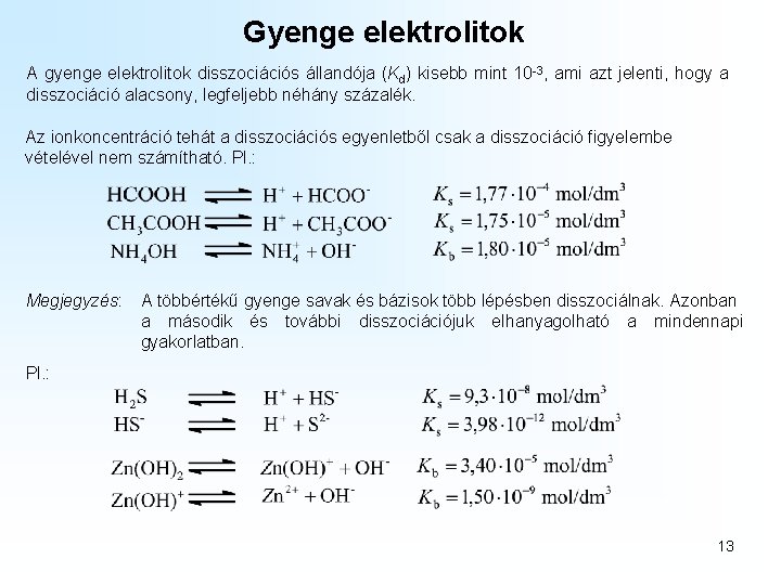 Gyenge elektrolitok A gyenge elektrolitok disszociációs állandója (Kd) kisebb mint 10 -3, ami azt Gyenge elektrolitok A gyenge elektrolitok disszociációs állandója (Kd) kisebb mint 10 -3, ami azt