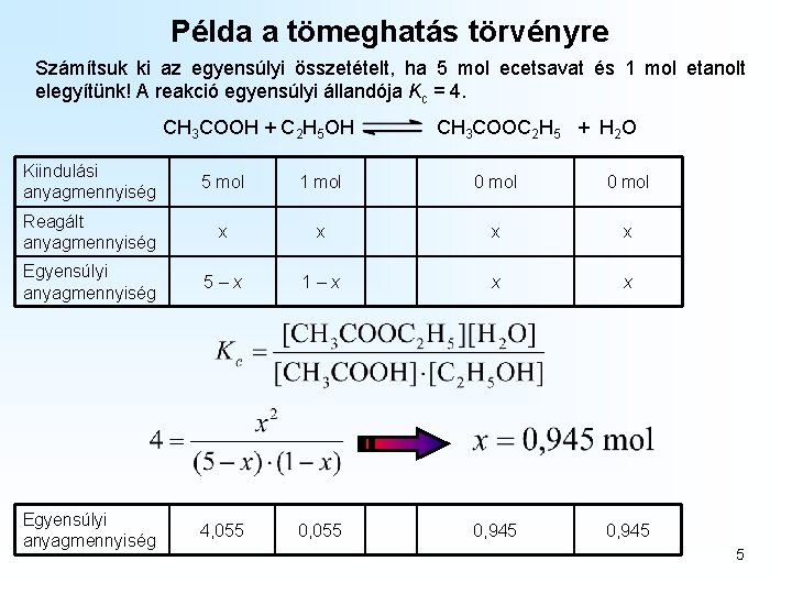 Példa a tömeghatás törvényre Számítsuk ki az egyensúlyi összetételt, ha 5 mol ecetsavat és Példa a tömeghatás törvényre Számítsuk ki az egyensúlyi összetételt, ha 5 mol ecetsavat és