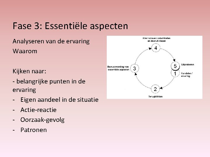 Fase 3: Essentiële aspecten Analyseren van de ervaring Waarom Kijken naar: - belangrijke punten