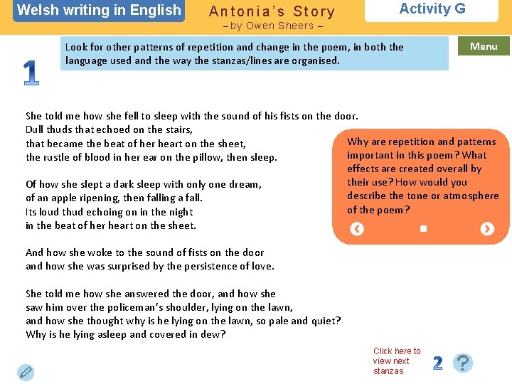 Welsh writing in English Antonia’s Story Activity G – by Owen Sheers – Look