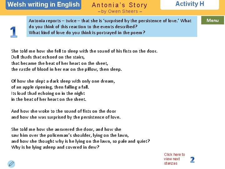 Welsh writing in English Antonia’s Story Activity H – by Owen Sheers – Antonia