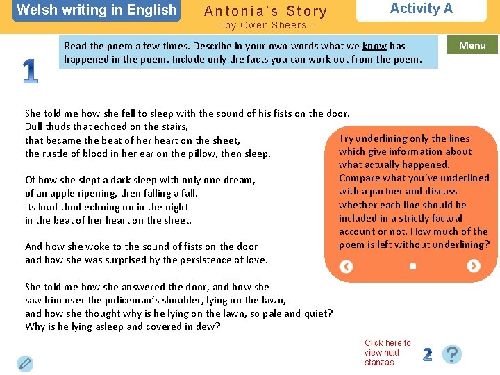 Welsh writing in English Antonia’s Story Activity A – by Owen Sheers – Read