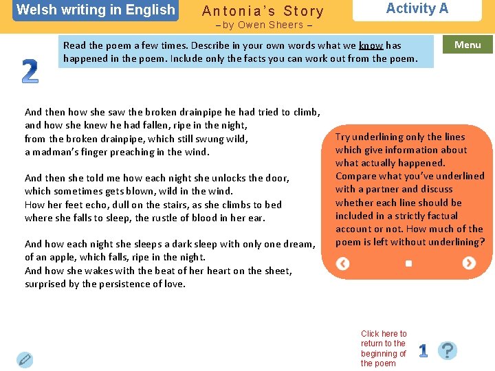 Welsh writing in English Antonia’s Story Activity A – by Owen Sheers – Read