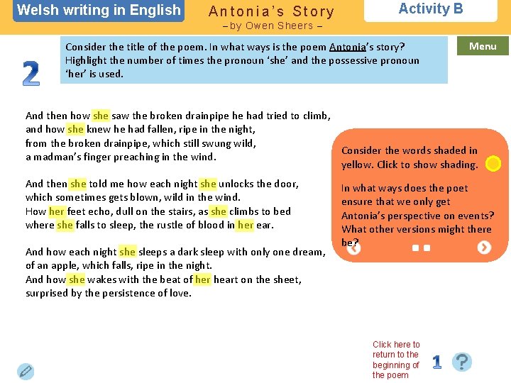 Welsh writing in English Antonia’s Story Activity B – by Owen Sheers – Consider