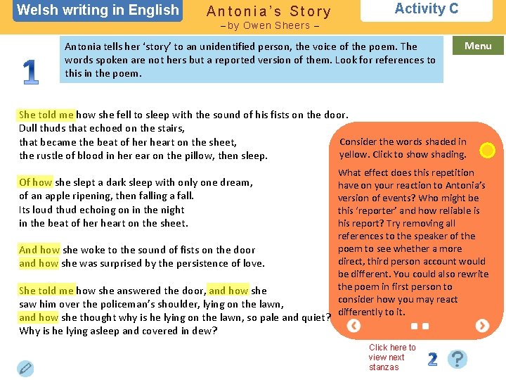 Welsh writing in English Antonia’s Story Activity C – by Owen Sheers – Antonia