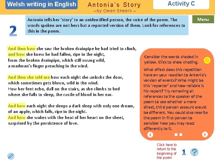 Welsh writing in English Antonia’s Story Activity C – by Owen Sheers – Antonia