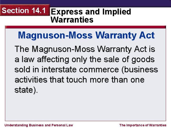 Section 14. 1 Express and Implied Warranties Magnuson-Moss Warranty Act The Magnuson-Moss Warranty Act