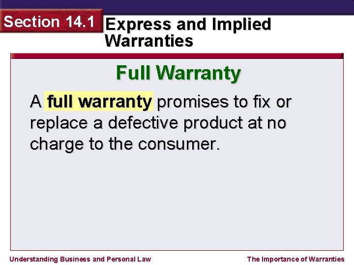 Section 14. 1 Express and Implied Warranties Full Warranty A full warranty promises to