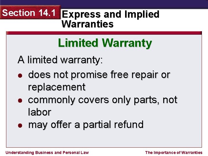 Section 14. 1 Express and Implied Warranties Limited Warranty A limited warranty: does not