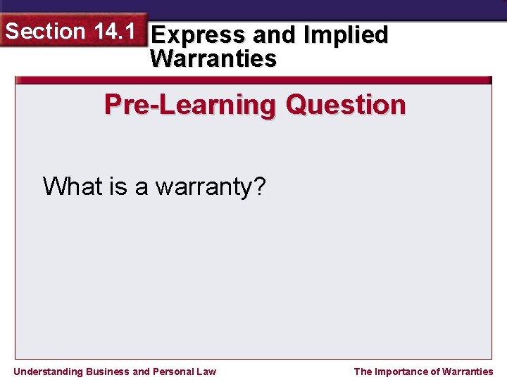Section 14. 1 Express and Implied Warranties Pre-Learning Question What is a warranty? Understanding