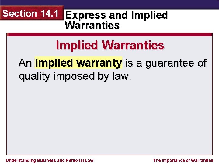 Section 14. 1 Express and Implied Warranties An implied warranty is a guarantee of