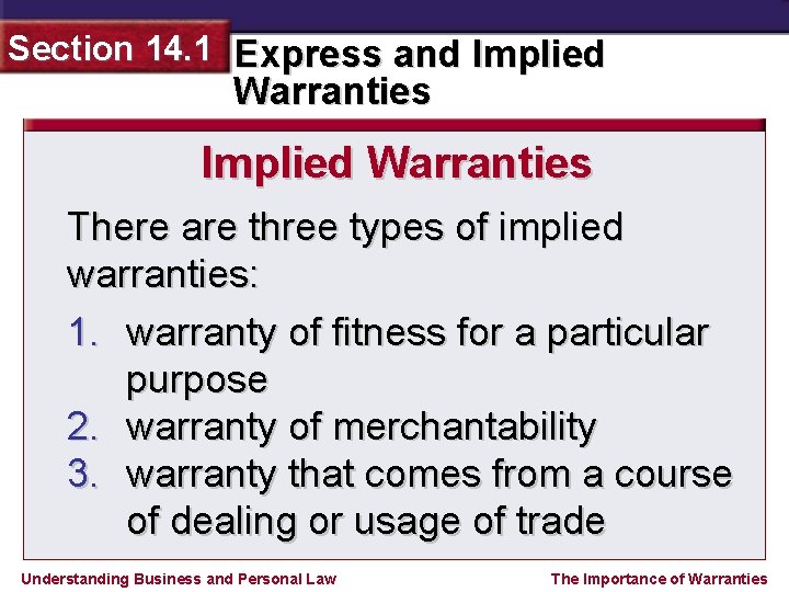 Section 14. 1 Express and Implied Warranties There are three types of implied warranties: