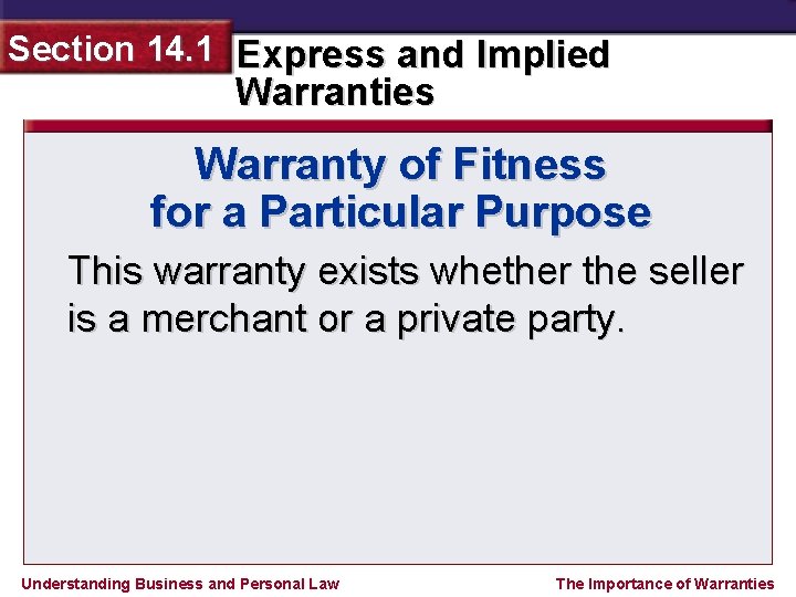 Section 14. 1 Express and Implied Warranties Warranty of Fitness for a Particular Purpose