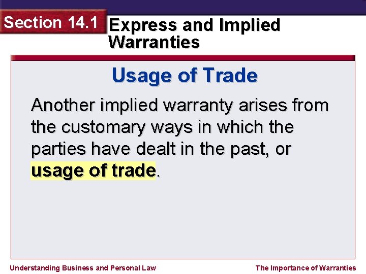 Section 14. 1 Express and Implied Warranties Usage of Trade Another implied warranty arises