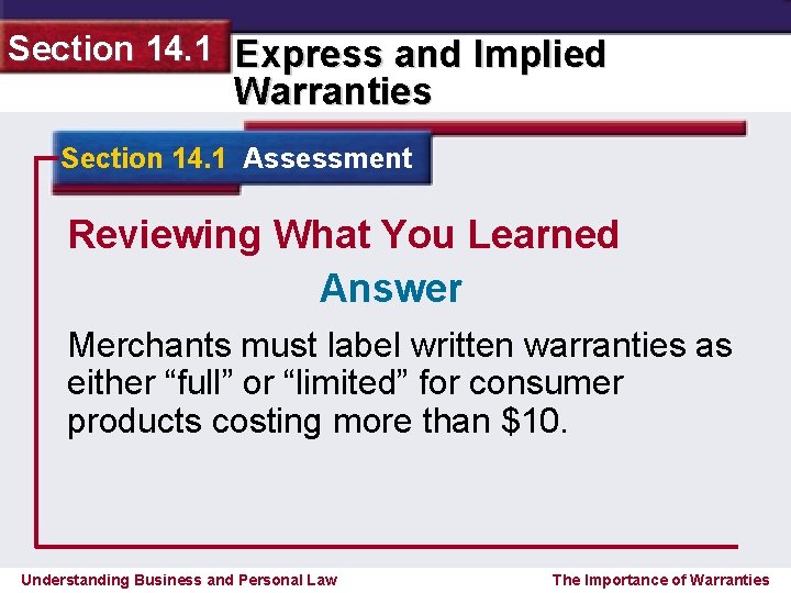 Section 14. 1 Express and Implied Warranties Section 14. 1 Assessment Reviewing What You