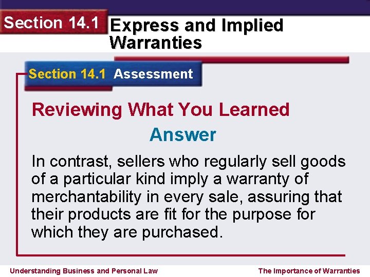 Section 14. 1 Express and Implied Warranties Section 14. 1 Assessment Reviewing What You