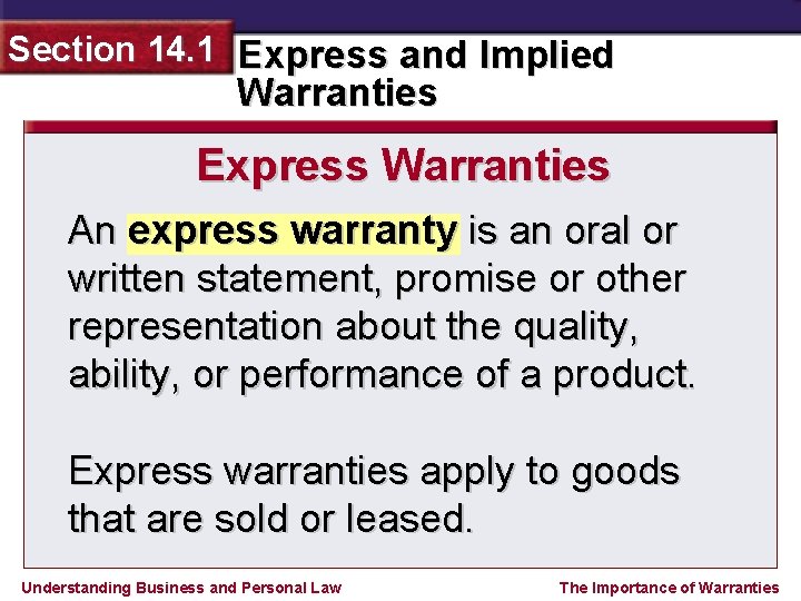 Section 14. 1 Express and Implied Warranties Express Warranties An express warranty is an