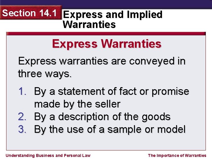 Section 14. 1 Express and Implied Warranties Express warranties are conveyed in three ways.