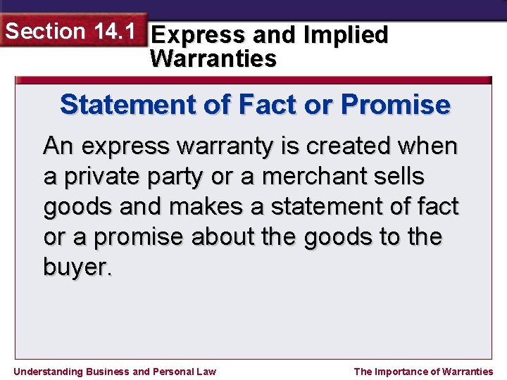 Section 14. 1 Express and Implied Warranties Statement of Fact or Promise An express