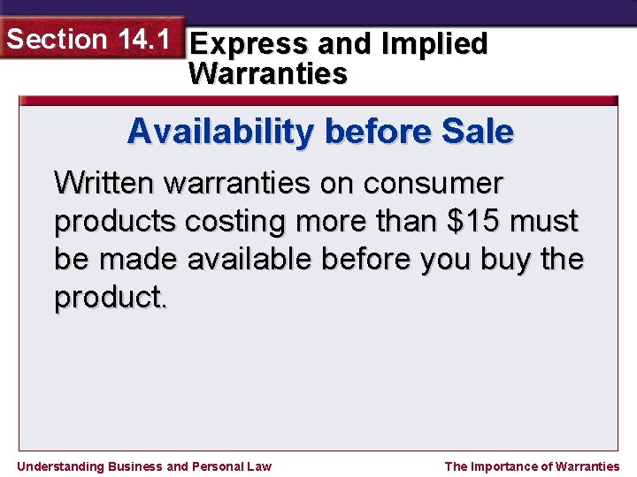 Section 14. 1 Express and Implied Warranties Availability before Sale Written warranties on consumer
