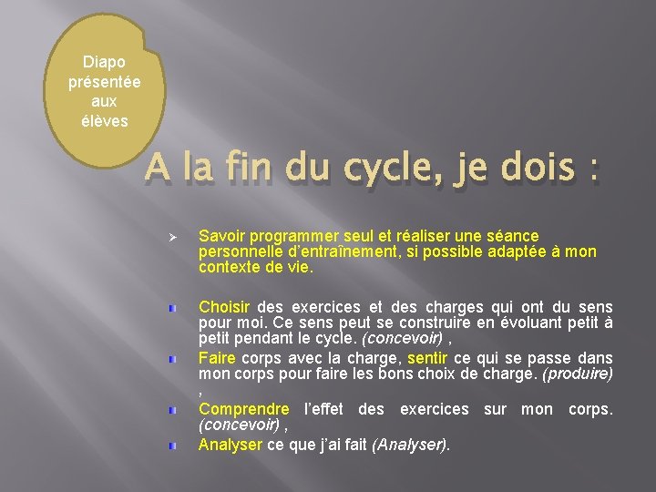 Diapo présentée aux élèves A la fin du cycle, je dois : Ø Savoir