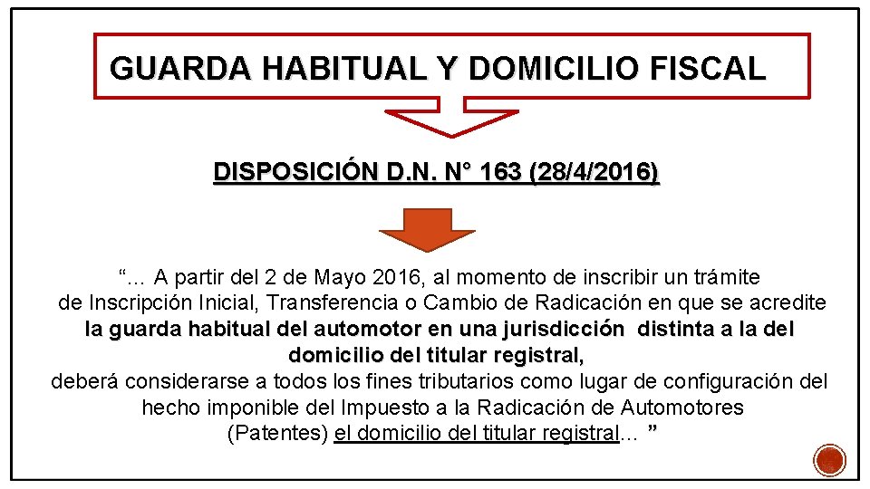 GUARDA HABITUAL Y DOMICILIO FISCAL DISPOSICIÓN D. N. N° 163 (28/4/2016) “… A partir