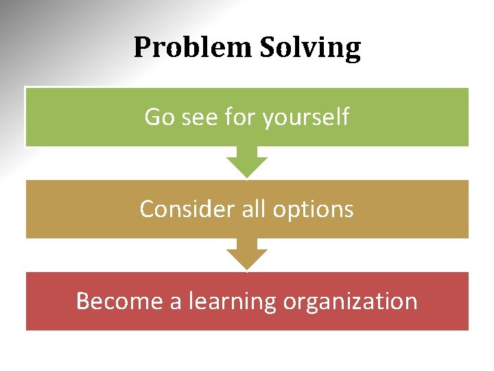 Problem Solving Go see for yourself Consider all options Become a learning organization Problem Solving Go see for yourself Consider all options Become a learning organization