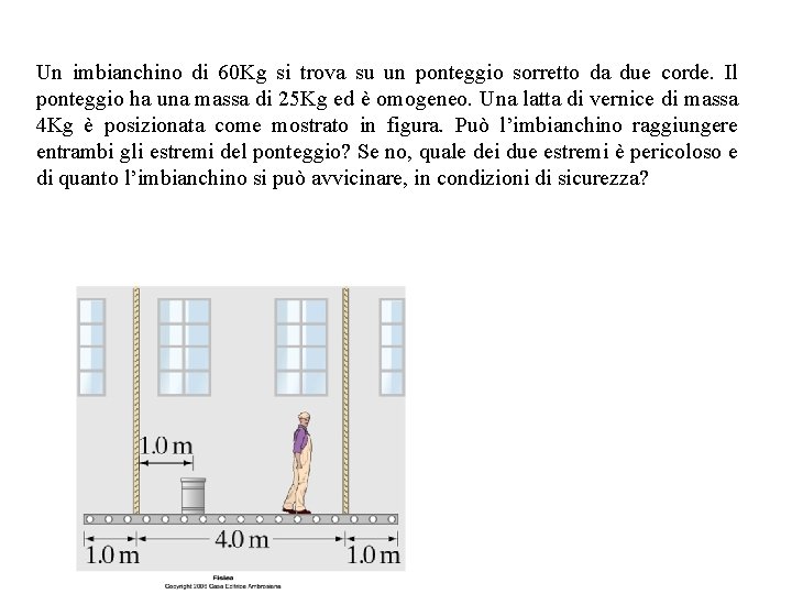 Un imbianchino di 60 Kg si trova su un ponteggio sorretto da due corde.