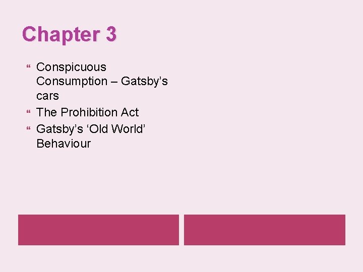 Chapter 3 Conspicuous Consumption – Gatsby’s cars The Prohibition Act Gatsby’s ‘Old World’ Behaviour