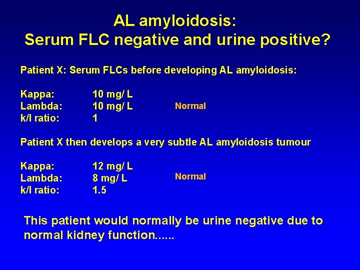 AL amyloidosis: Serum FLC negative and urine positive? Patient X: Serum FLCs before developing