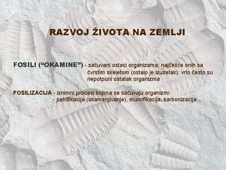 RAZVOJ ŽIVOTA NA ZEMLJI FOSILI (“OKAMINE”) - sačuvani ostaci organizama; najčešće onih sa čvrstim