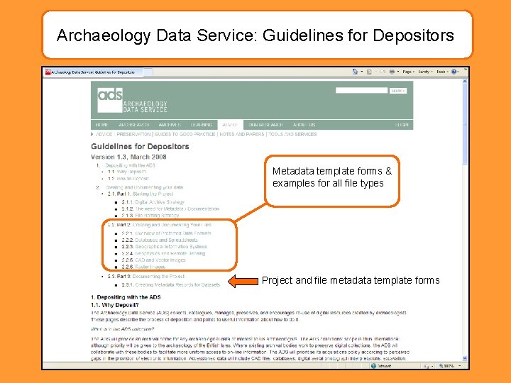 Archaeology Data Service: Guidelines for Depositors Metadata template forms & examples for all file