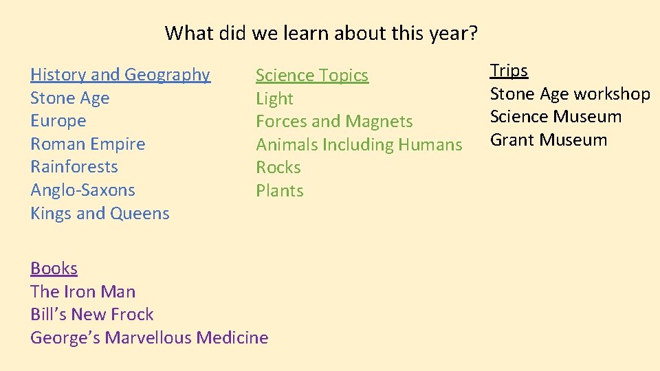 What did we learn about this year? History and Geography Stone Age Europe Roman