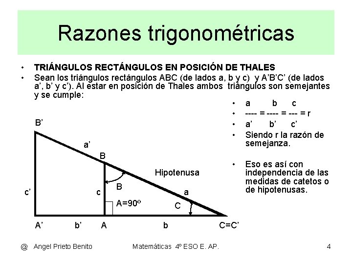 Razones trigonométricas • • TRIÁNGULOS RECTÁNGULOS EN POSICIÓN DE THALES Sean los triángulos rectángulos Razones trigonométricas • • TRIÁNGULOS RECTÁNGULOS EN POSICIÓN DE THALES Sean los triángulos rectángulos