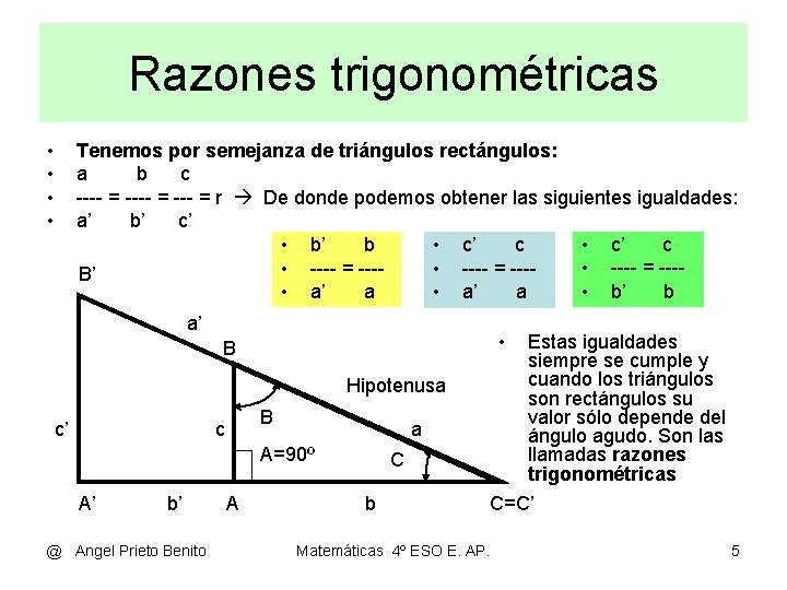 Razones trigonométricas • • Tenemos por semejanza de triángulos rectángulos: a b c ---- Razones trigonométricas • • Tenemos por semejanza de triángulos rectángulos: a b c ----