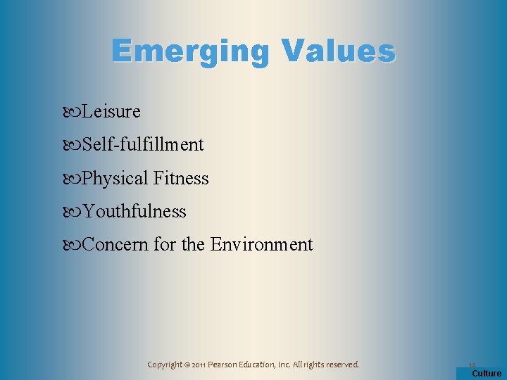 Emerging Values Leisure Self-fulfillment Physical Fitness Youthfulness Concern for the Environment Copyright © 2011