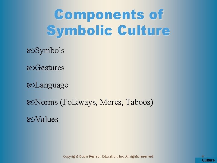 Components of Symbolic Culture Symbols Gestures Language Norms (Folkways, Mores, Taboos) Values Copyright ©