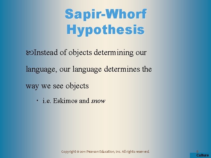 Sapir-Whorf Hypothesis Instead of objects determining our language, our language determines the way we