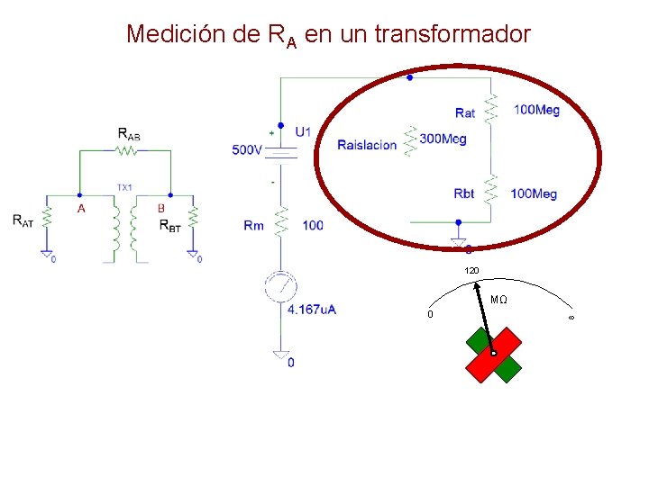 Medición de RA en un transformador 120 MΩ 0 ∞ 