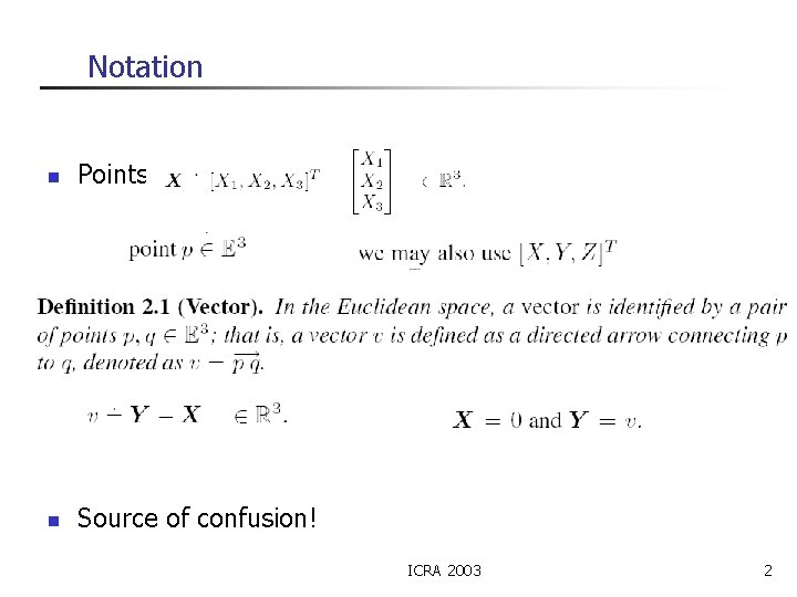 Notation n Points and vectors are different! n Source of confusion! ICRA 2003 2
