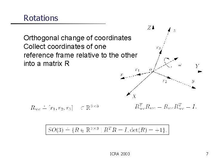 Rotations Orthogonal change of coordinates Collect coordinates of one reference frame relative to the