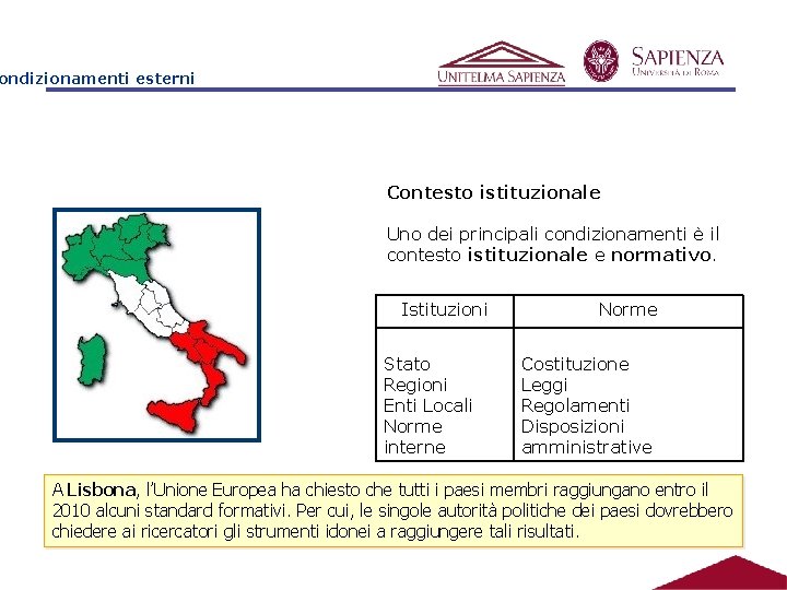 ondizionamenti esterni Contesto istituzionale Uno dei principali condizionamenti è il contesto istituzionale e normativo.