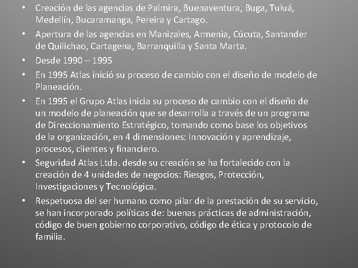  • Creación de las agencias de Palmira, Buenaventura, Buga, Tuluá, Medellín, Bucaramanga, Pereira