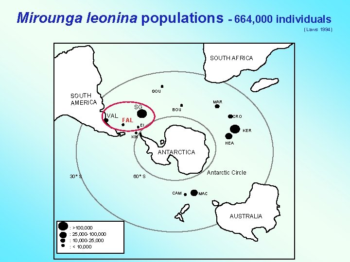 Mirounga leonina populations - 664, 000 individuals (Laws 1994) SOUTH AFRICA GOU SOUTH AMERICA